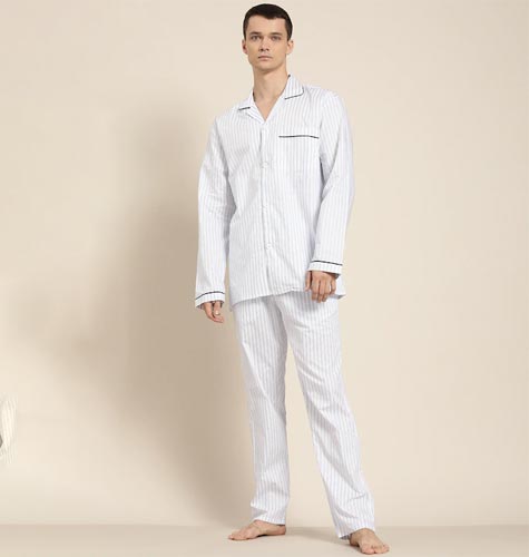 Men White & Blue Striped Pocket Cotton Pyjamas Set
